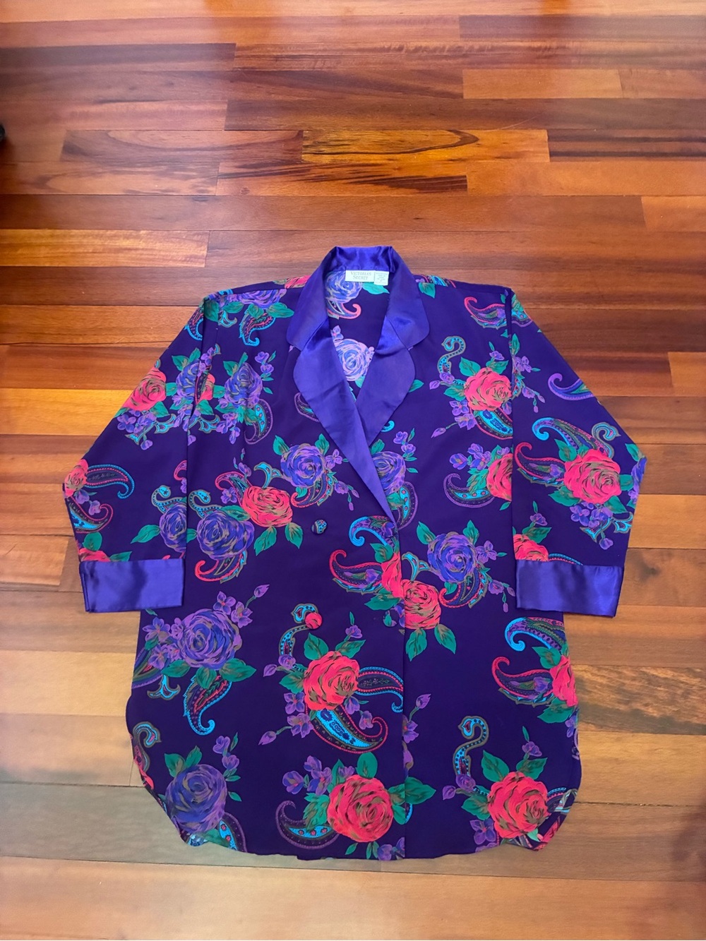 Vintage Victoria's Secret Purple Floral Satin-Trim Robe Shirt